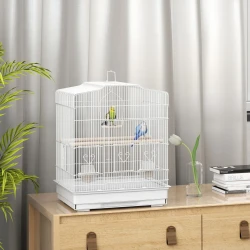 White Metal Bird Cage with Wood Perches and Feeder