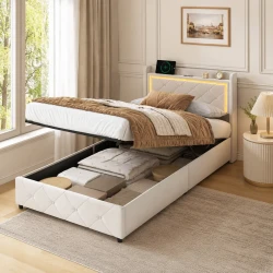 Beige Upholstered Ottoman Bed Frame with Storage