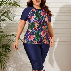 Plus Size Summer Beach Tropical Print Rashguard Set