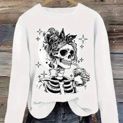 Gothic Skeleton Girl Coffee Print Long Sleeve Tee