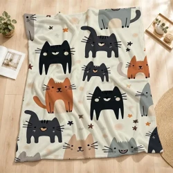 Whimsical Cartoon Cat Flannel Throw Blanket