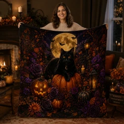 Black Cat Halloween Flannel Fleece Throw Blanket