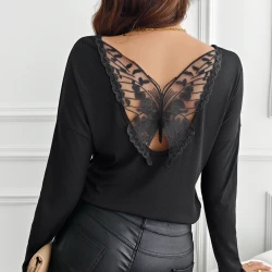 Elegant Women Long Sleeve Ribbed Top with Lace Back