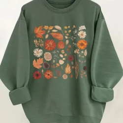 Autumn Leaf Print Crewneck Sweatshirt for Women