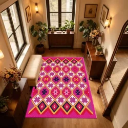 Bright Pink Boho Geometric Area Rug