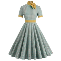 Retro Women's Plaid Swing Dress with Bow Tie