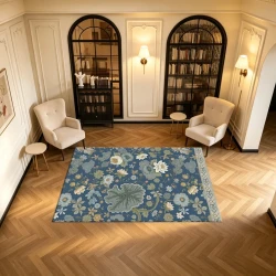 Vintage Blue Lotus Botanical Floor Rug