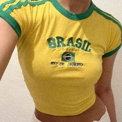 Womens Vintage Brasil Letter Print T-Shirt Shorts Suit