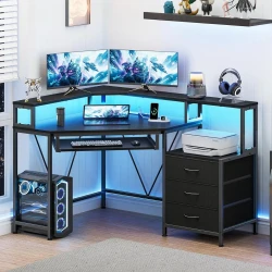 Space Saving Corner Desk with Storage and Power Outlets