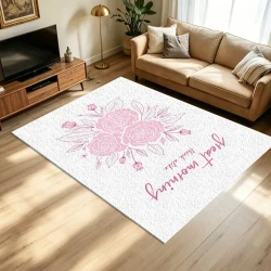 Gentle Pink Rose Line Art Area Rug