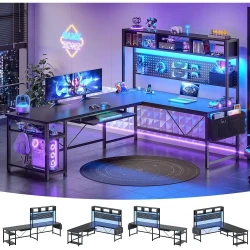 L Shaped Gaming Desk with USB Outlet and LED Lights