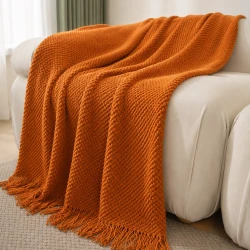 Burnt Orange Herringbone Knit Throw Blanket with Tassels