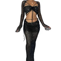 Womens Knitted Sequined 3 Piece Skirt Set