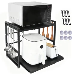Adjustable Iron Kitchen Shelf Microwave Rack with Hooks
