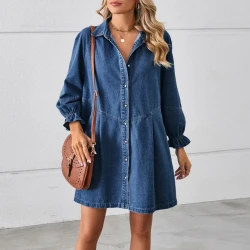 Vintage Women Denim Dress Long Sleeve Casual Midi