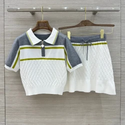 Ladies Knitted Zipper Top and Elastic Waist Skirt Set