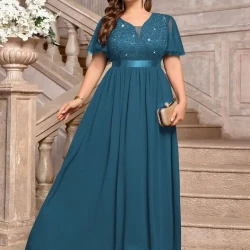 Plus Size Deep V Neck Sequin Lace Dress