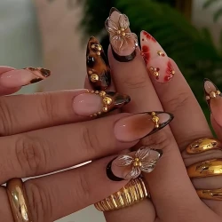 Handmade 3D Brown Gold Flower Press on Nails