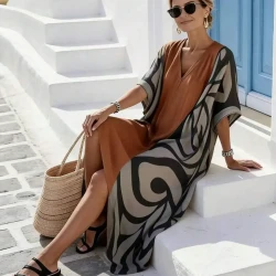 Elegant Rust Orange V Neck Boho Dress