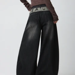 Vintage Embroidered Black Wide Leg Jeans for Women