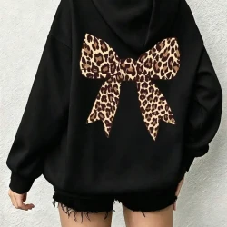 Womens Stylish Fleece Hoodie with Leopard Bow Print