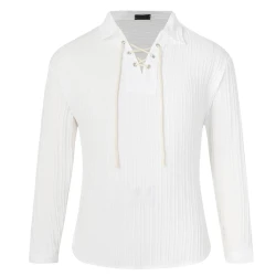 Casual White Pleated Drawstring Long Sleeve Shirt