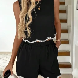 Womens Two Piece Sleeveless Crop Top Shorts Set