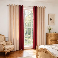 Beige Burgundy Color Block Velvet Curtains Set