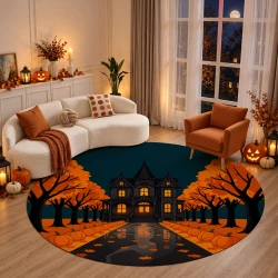 Haunted House Pumpkin Autumn Round Plush Mat