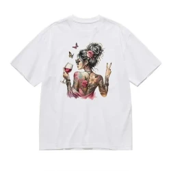 Tattoo Girl Wine Graphic T Shirt for Women
