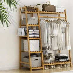 Heavy Duty Wooden Clothing Rack with Shelf and Organizer