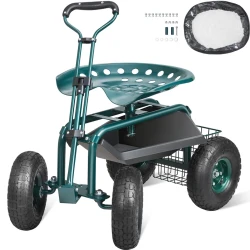 Rolling Garden Cart with Swivel Seat and Wheels