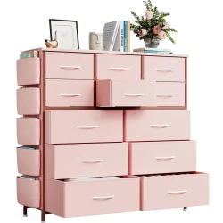 Stylish 12 Drawer Fabric Dresser with Storage Hooks