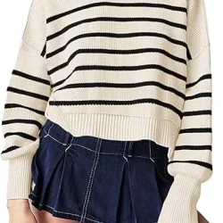 Womens Striped Mock Neck Cropped Sweater Top