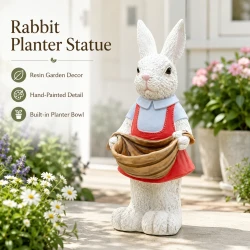 Playful Outdoor Rabbit Garden Statue and Flower Pot Holder