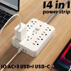 10 Outlet Woven Power Strip with USB Fast Charging