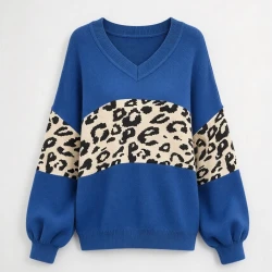 Women Oversized V Neck Knit Sweater Leopard Print