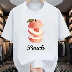 Men's Layered Peach Print T-Shirt - Streetwear Solid Color Base Suitable for Summer, Machine Washable Round Neck Casual Top with Layered Fruit, Non- Blouse Fashionable Versatile Wardrobe Essential
