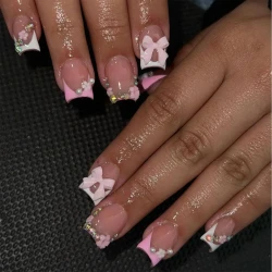 24 Piece Pink Bow Flower Design Press On Nails