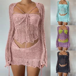Glitter Sequins Knitted Skirt Set for Women