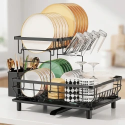2 Tier Black Large Dish Drying Rack with Tray