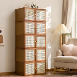 Tea Brown Solid Wood Modular Rattan Storage Cube