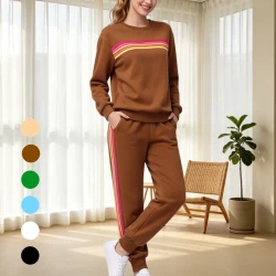 Women Retro Rainbow Striped Jogger Outfit Set