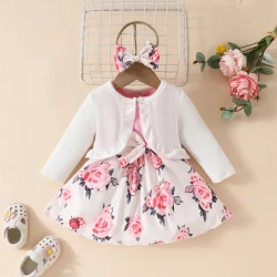Toddler Girls Floral A-Line Dress with Jacket and Headband
