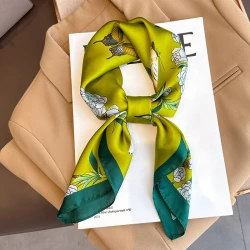 Green Floral Butterfly Square Silk Scarf