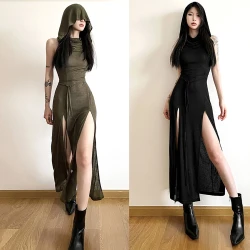 Gothic Desert Walker Hooded Midi Dress for Women
