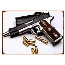 Vintage Military Pistol Metal Tin Wall Sign