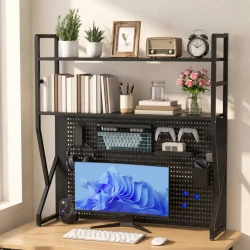 Multi Layer Pegboard Desk Shelf with Hooks Storage