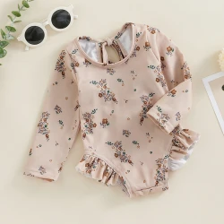 Floral Print Long Sleeve Girls Swimwear Jumpsuit