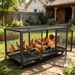 Metal Chicken Coop Walk-in Cage with Cover and Wheels